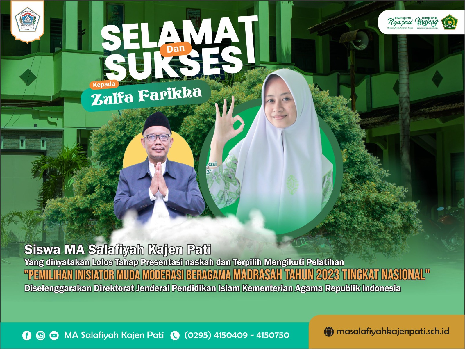 Siswi MA Salafiyah Kajen Pati Lolos Seleksi Presentasi Draf Rencana Aksi Pemilihan Inisiator Muda Moderasi Beragama Tingkat Nasional Tahun 2023