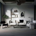 a living room filled with furniture and a ceiling fan