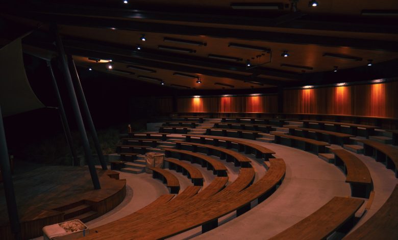 a large auditorium filled with lots of wooden seats