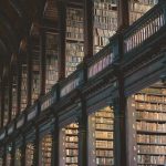 brown wooden book shelves in library