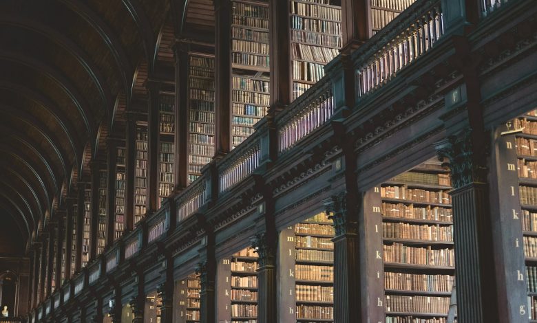 brown wooden book shelves in library