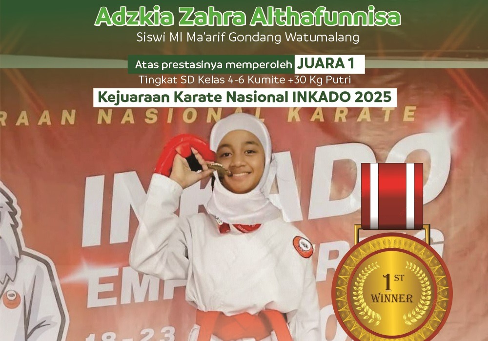Ini Sosok Adzkia, Murid Kelas 6 MI Ma’arif Gondang Juara I Karate Nasional Indikado 2025