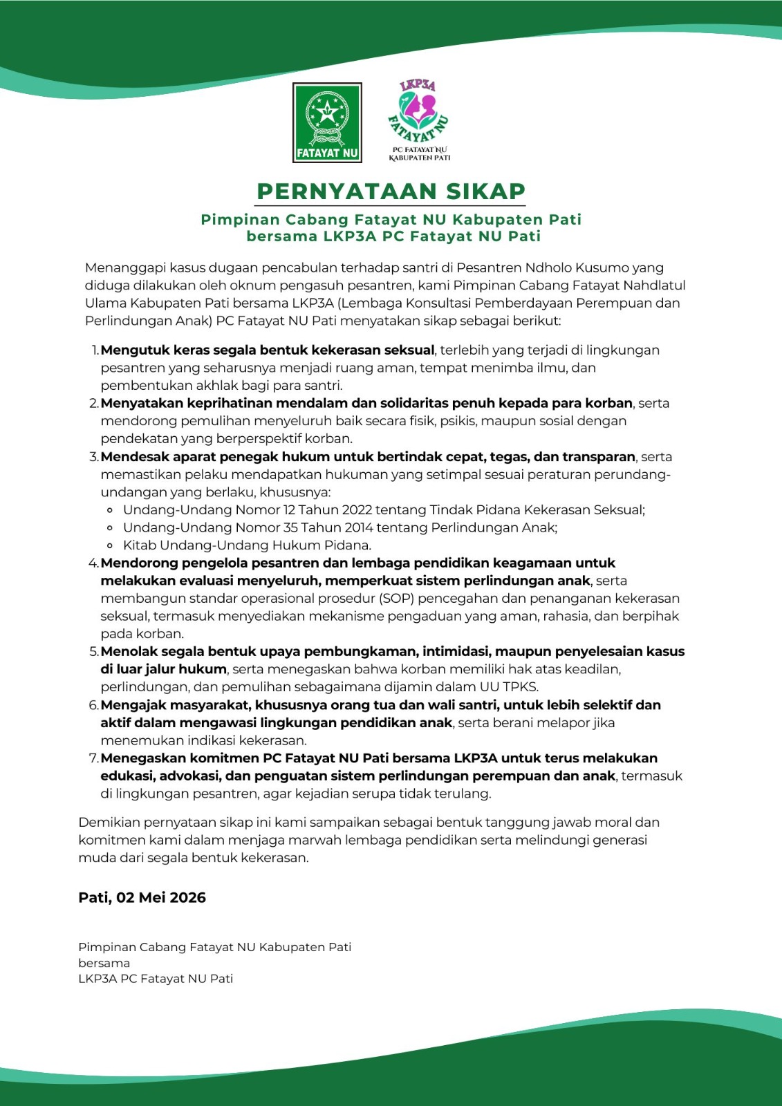 Kembalikan Marwah Pesantren, Fatayat NU Pati Desak Pelaku Kekerasan Seksual Dihukum Maksimal